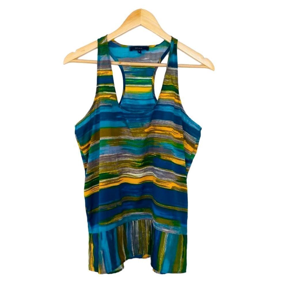 Eclair teal and yellow abstract print racerback tank top size medium